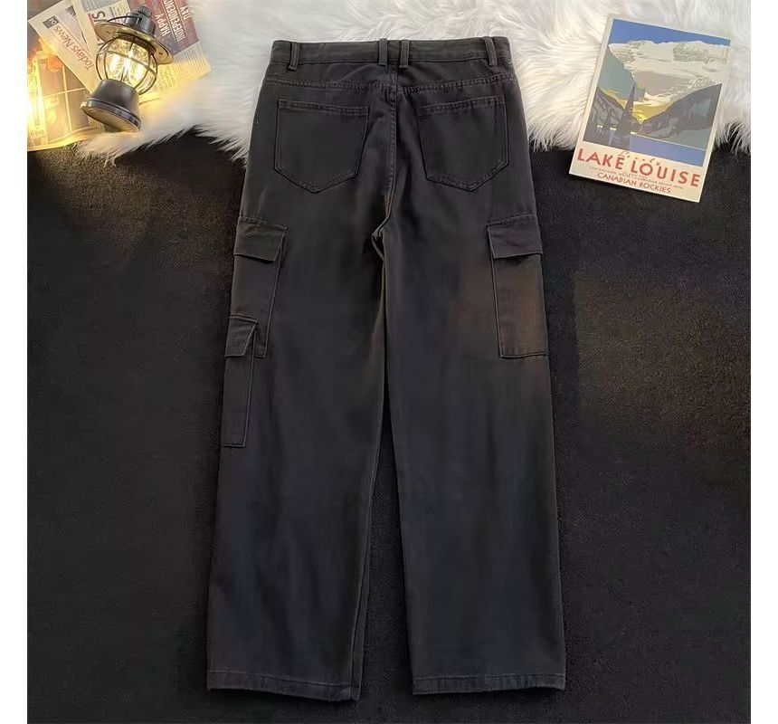 Urtishia - Hoge taille jeans met wijde pijpen en dubbele zakken