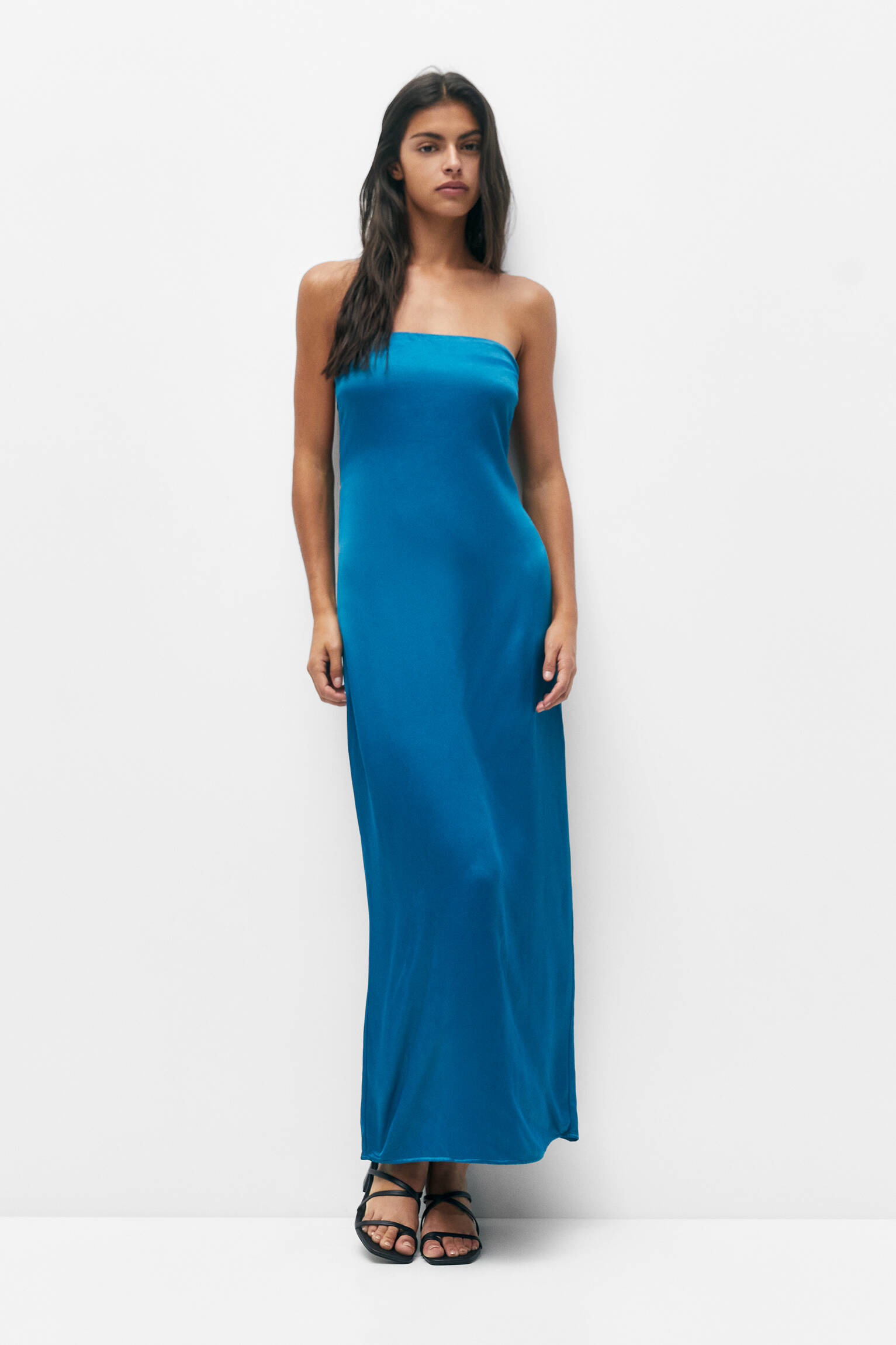 VESTIDO TOMARA-CALÇA DE CETIM - AZUL-PATO