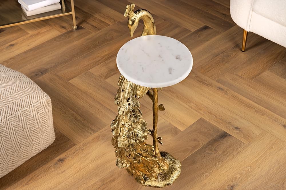 Riess Ambiente Runder Beistelltisch Wildlife Peacock - 75cm - Gold antik weiß - Metall Marmor Pfauen-Skulptur