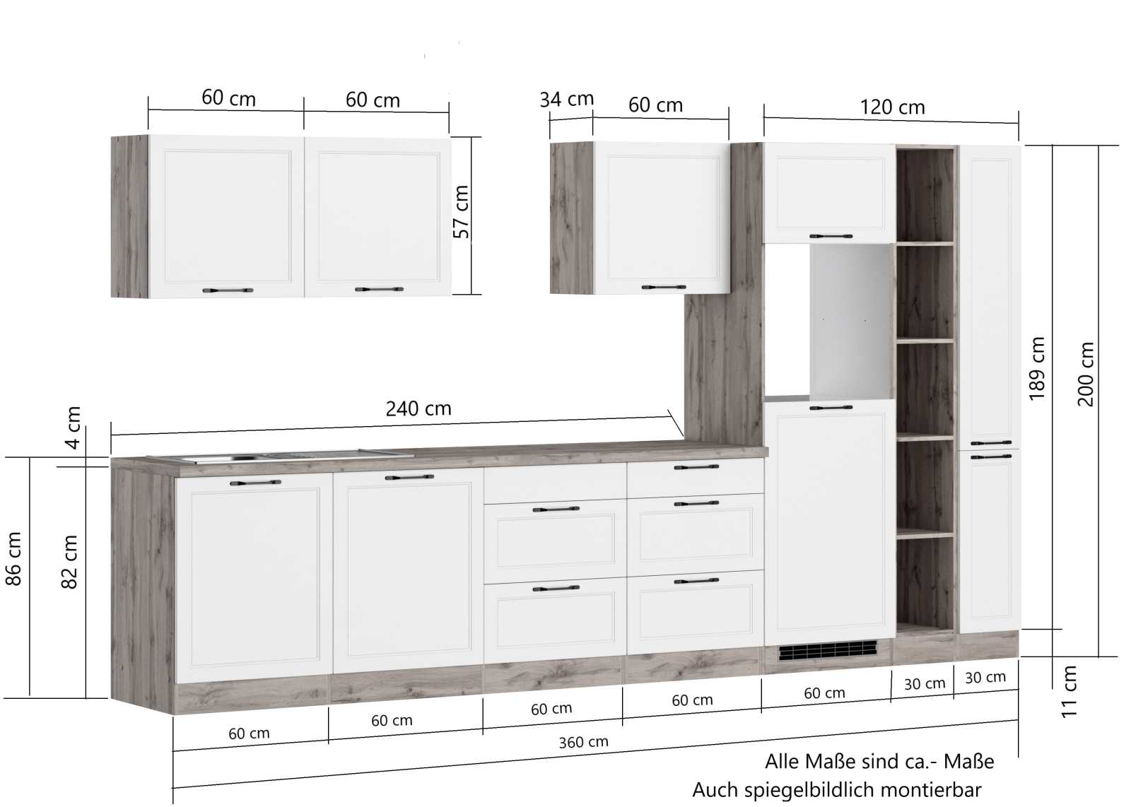 Küchenzeile MERAN - weiß - Wotaneiche - mit E-Geräten - Induktionskochfeld - 360 cm
