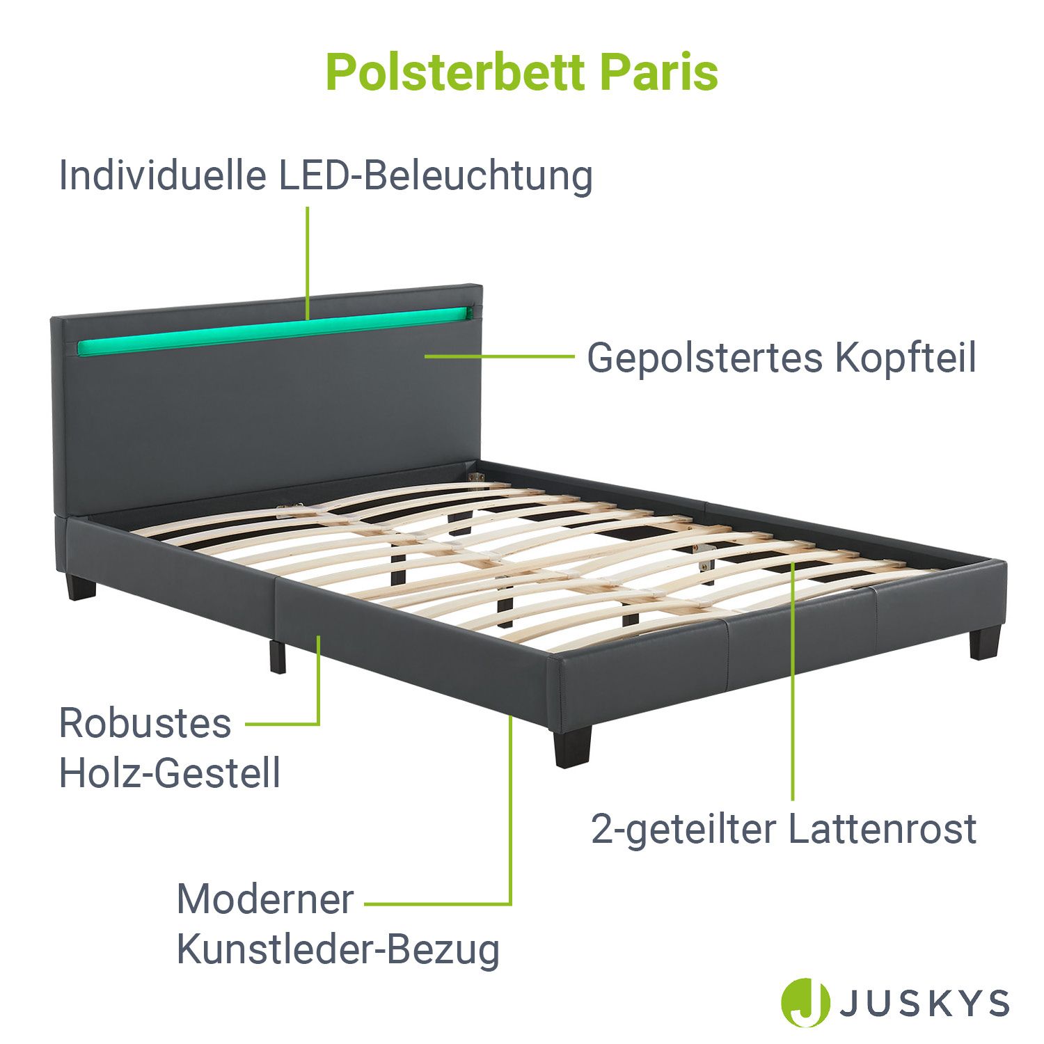 Juskys Polsterbett Paris 140 x 200 cm Einzelbett in dunkelgrau mit Kaltschaummatratze