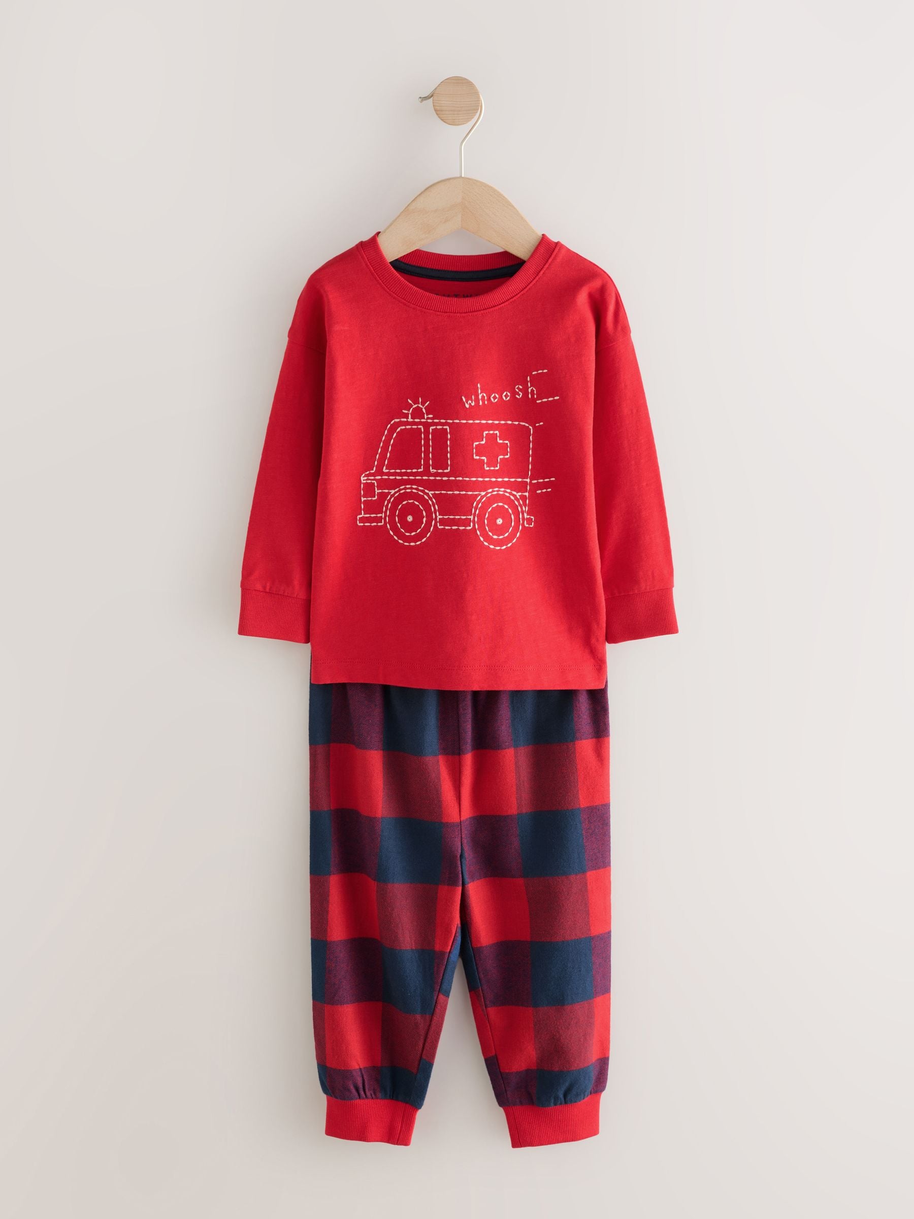 Rood/Marineblauw Ruit brandweerauto - Single Woven Pyjamas (12mths-7yrs)