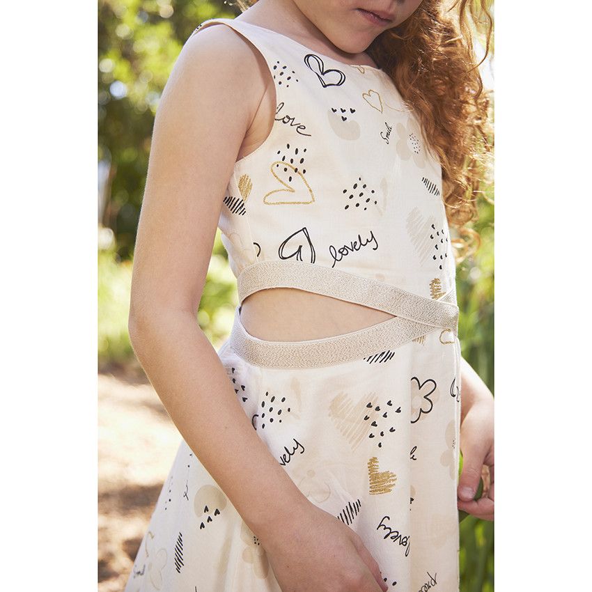 Robe de cérémonie en coton à imprimé fantaisie pour fille - Ecru