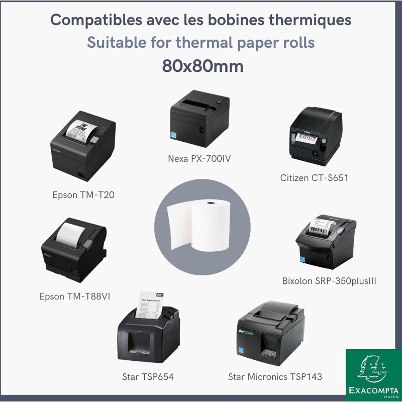Bobines Caisses Exacompta 43809E - l 80 mm x L 85 m, Ø 80 mm - 1 pli(s) - paquet de 10
