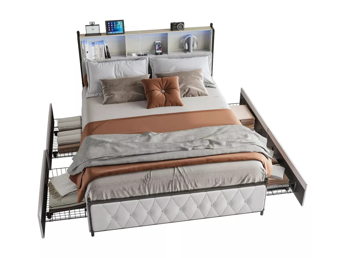Lit adulte rembourré avec LED et 2 ports de charge USB - 4 tiroirs + sommier à lattes - tissu en velours - 140x200cm - Beige