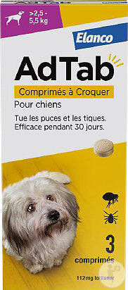 AdTab 112mg Antiparasitaire Interne Chien +2,5-5,5kg 3 Comprimés À Croquer