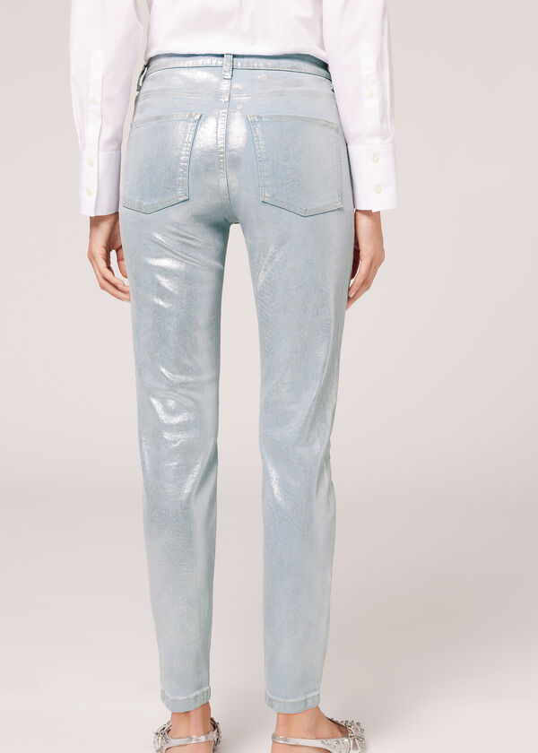 Calça jeans elástica com efeito laminado