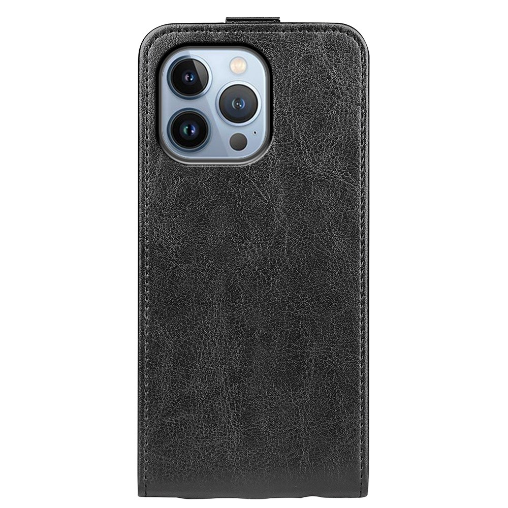 iPhone 14 Pro Leder Tasche Flip Cover Vertikal im Retro Look mit Kartenfach - Schwarz