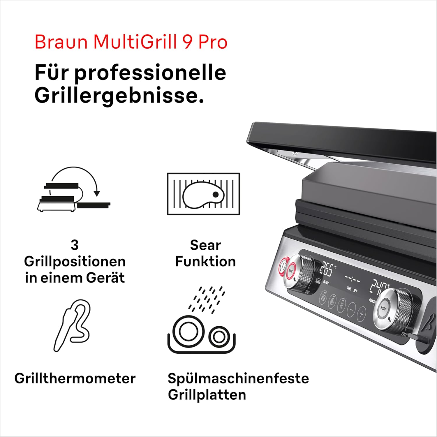 Braun MultiGrill 9 Pro CG 9167, Kontaktgrill mit Grill-, Flach-, Waffelplatten und Temperaturfühler, Grillpositionen: Kontakt, BBQ, Ofen, Spülmaschinenfeste Platten, Boost-Funktion bis 265°