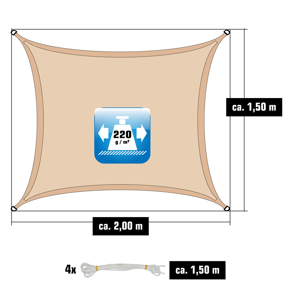 AMANKA 1,5x2m beige HDPE waterdoorlatend schaduwdoek