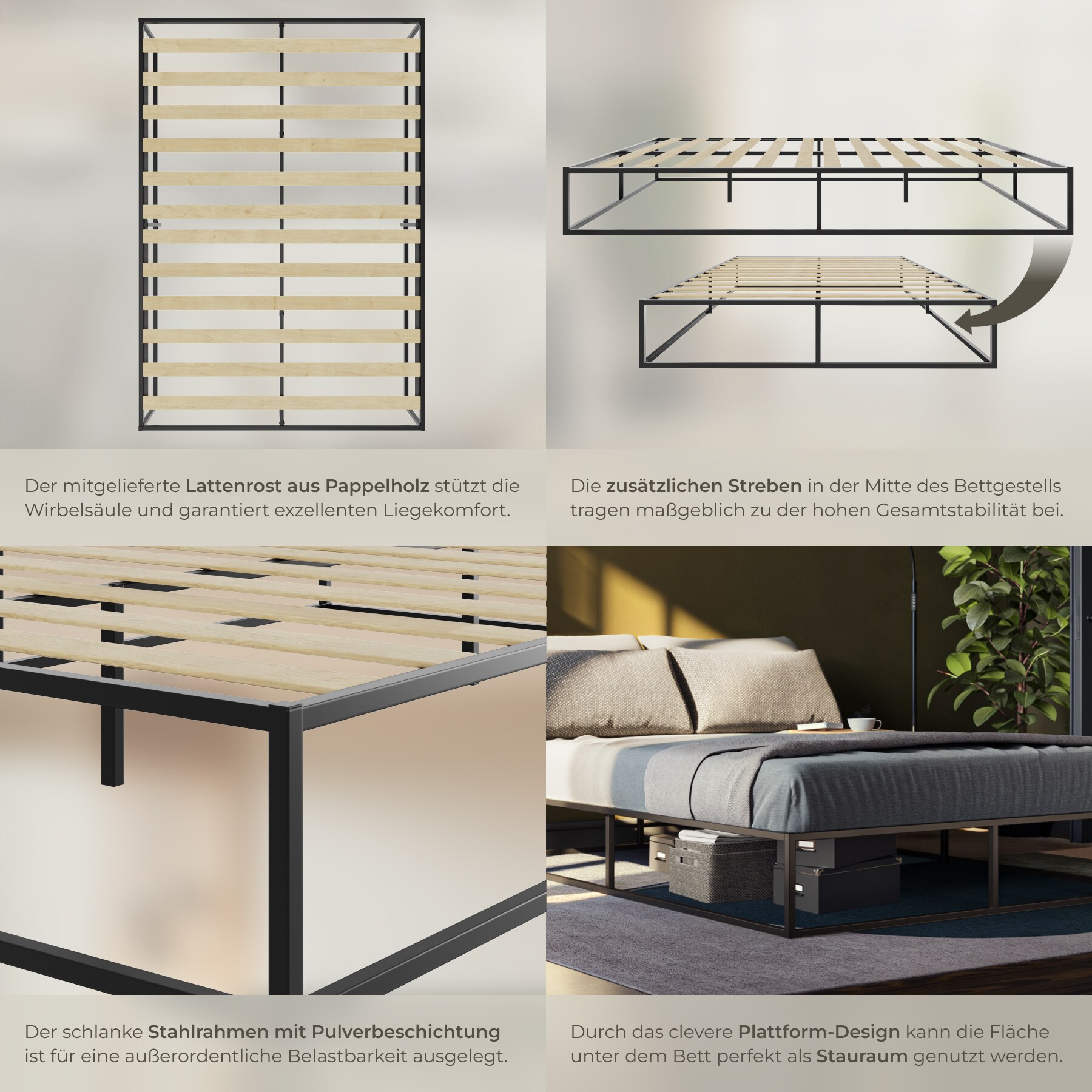tectake® Bett, robustes Stahlgestell, zeitloses Design, Plattformgestell mit Unterbettstauraum, Belastbarkeit 250 kg, bodenschonende Kunststoffkappen