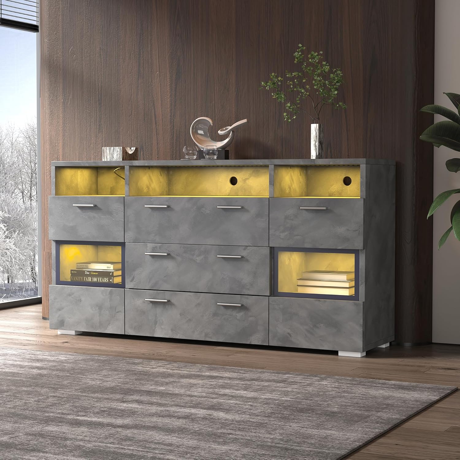 Merax Sideboard mit LED-Beleuchtung, Modernes Kommode mit 2 Türen, 3 Schubladen, offener Stauraum, Mehrzweckschrank mit transparenten Acryltüren, Standschrank Flurschrank für Wohnzimmer, 140cm, Grau IE1571817