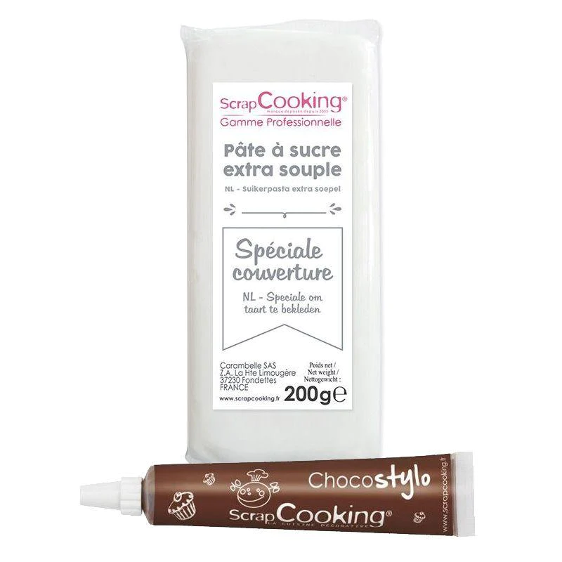 Pâte à sucre de couverture blanche 200 g + Stylo chocolat Scrapcooking
