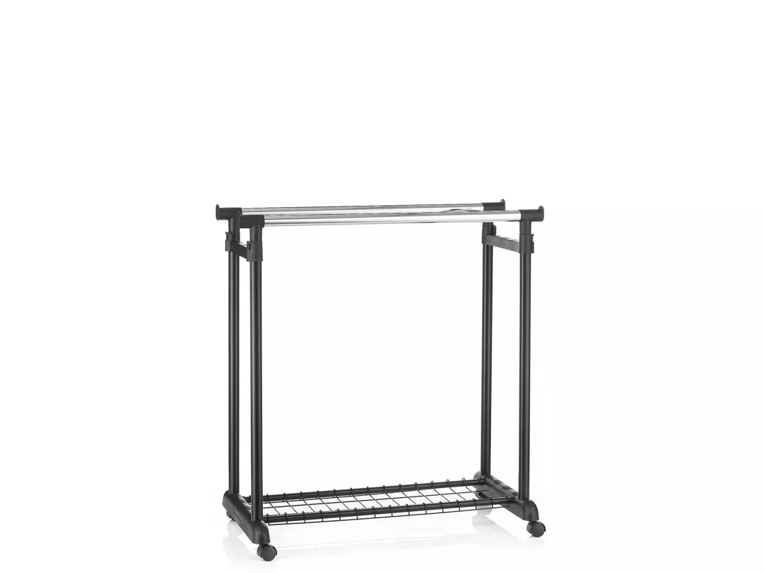 Portant à vêtements GROSSO penderie double sur roulettes vestiaire mobile 2 barres de hauteur réglable et 1 tablette, chromé et noir