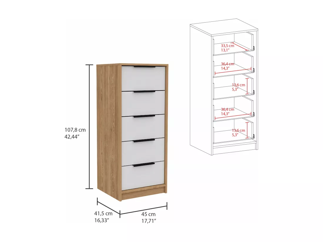 Coffre à 5 tiroirs Kaia, avec poignées en métal , 107.69 cm X 44.95 cm X 41.14 cm , White / Honey