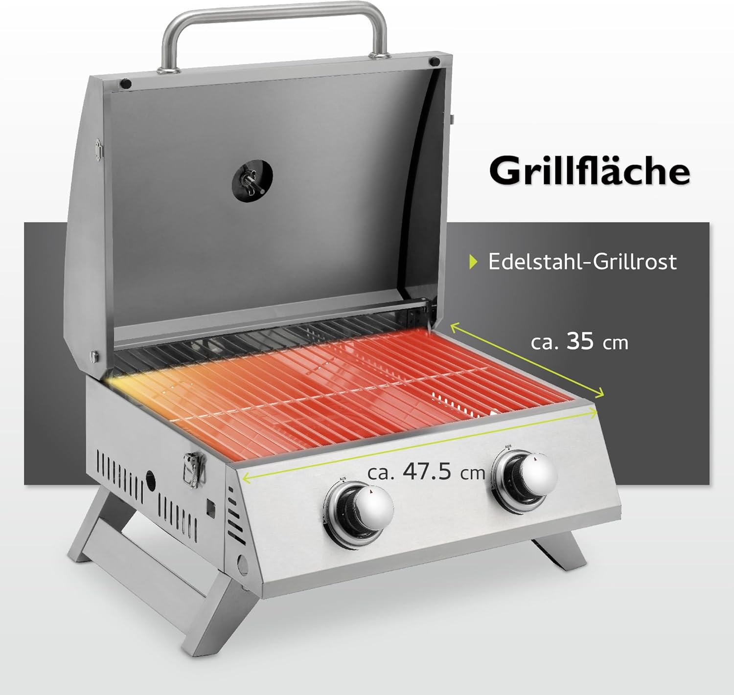 tepro Tischgasgrill Chicago, 2 Brenner mit je ca. 3 kW Leistung, Piezozündung, Thermometer, Maße ca. 54 x 45,5 x 36 cm, Silber