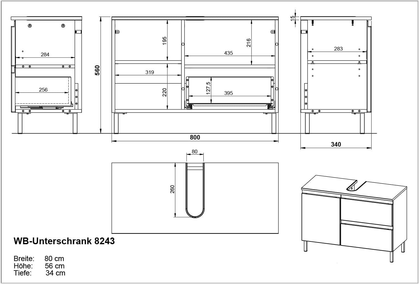 Germania Waschbeckenunterschrank 8243-84 GW-Salinas, in Weiß,mit Siphonaussparung, 80 x 56 x 34 cm (BxHxT)