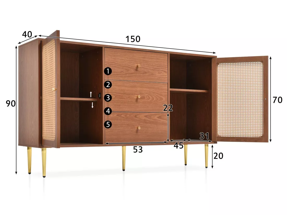 Buffet bas en rotin avec 3 tiroirs & 2 portes - marron