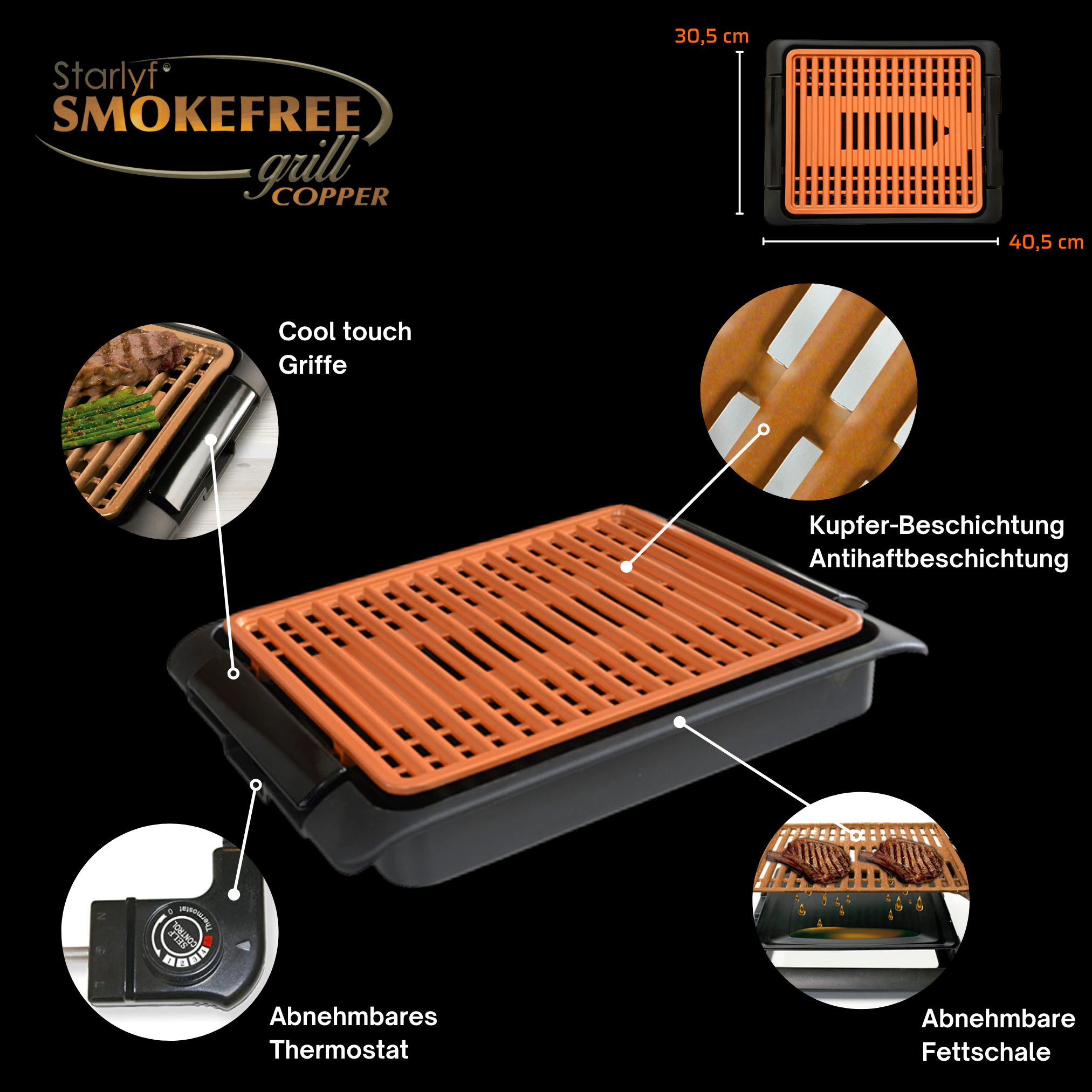 Starlyf® elektrischer Tischgrill - Elektrogrill - regelbares Thermostat Smokefree Copper Grill