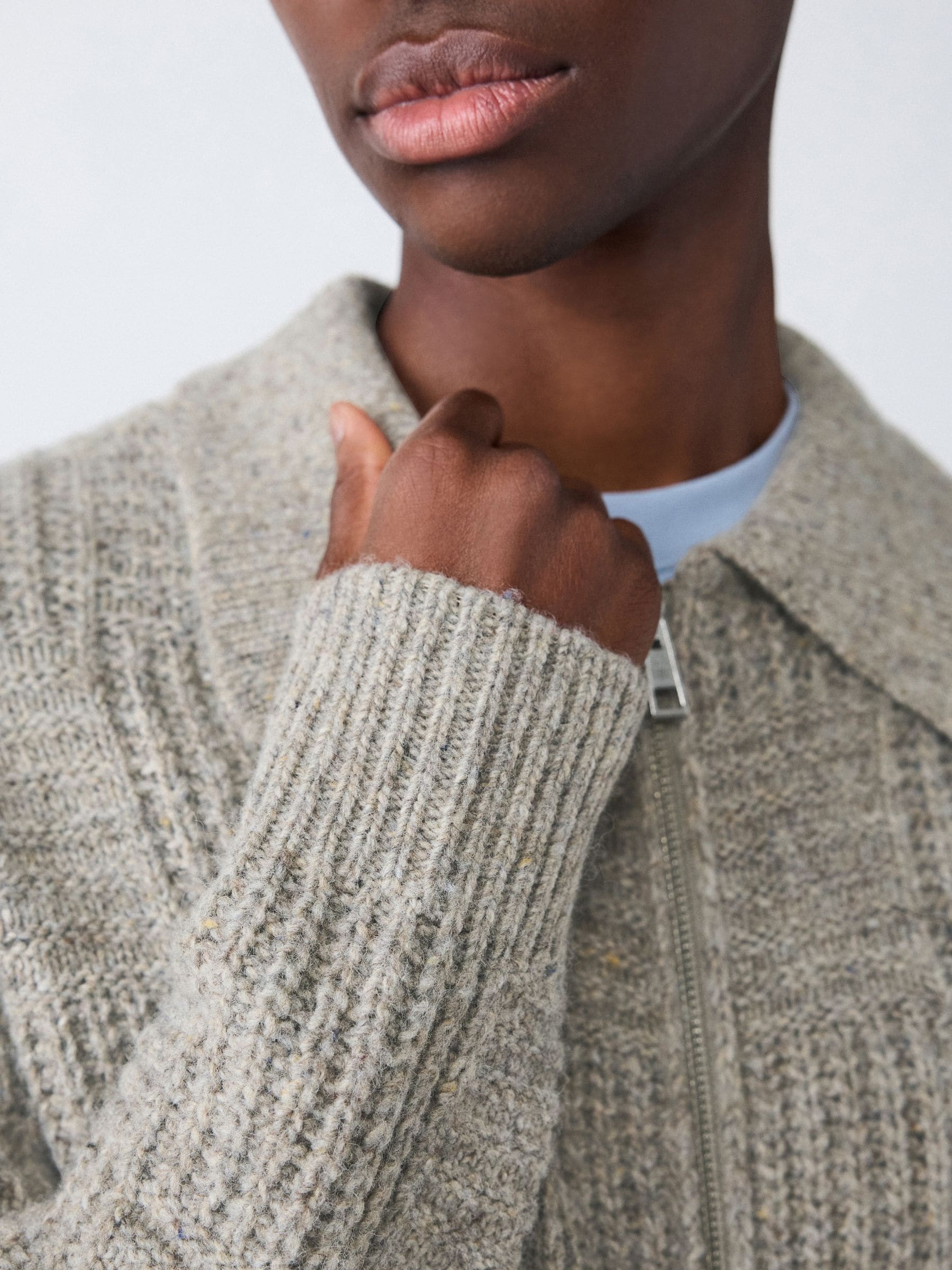Neutraal - Relaxed Fit Checkerboard Textured Knit Zip Through Collared Cardigan with Wool