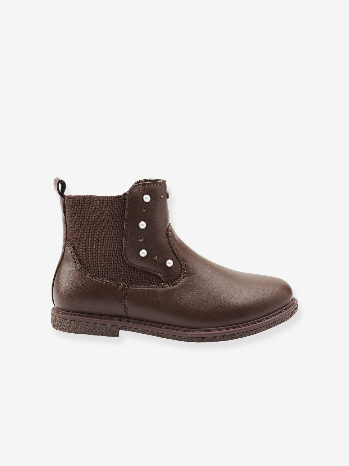 Botas de cano curto elegantes com um pequeno salto, para menina, cor marrom médio liso.