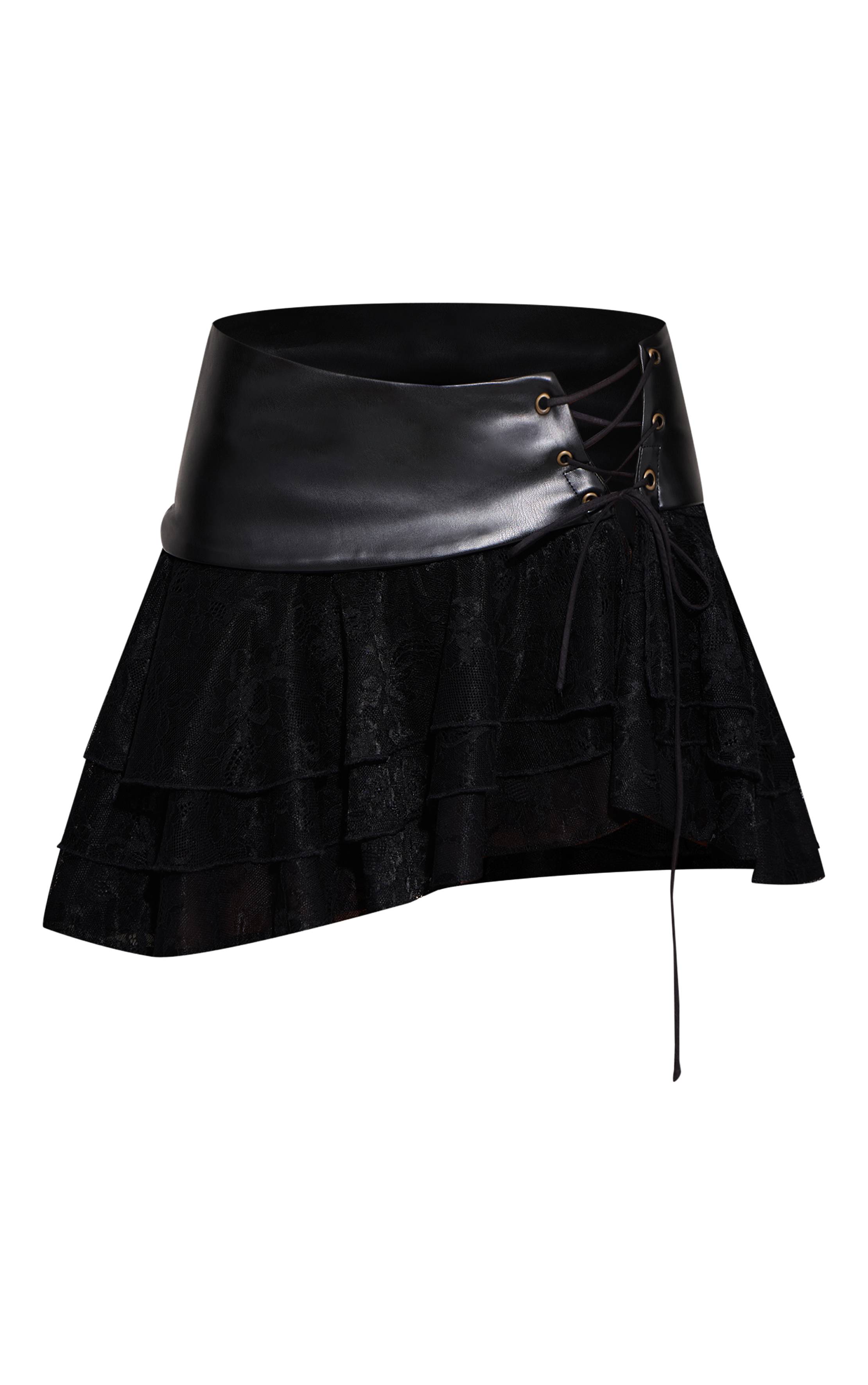Noir Ensemble Jupe Mini En Synthétique Avec Détails En Dentelle Lacée