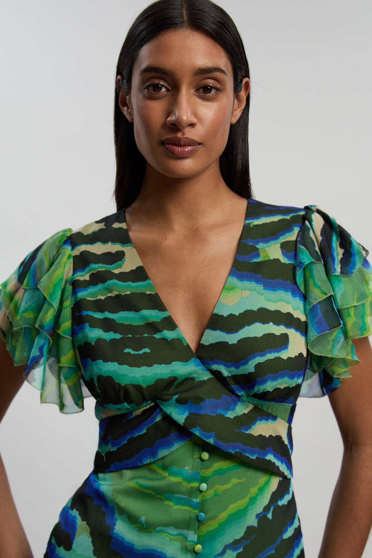 KarenMillen Robe Longue Boutonnée À Manches Volantées Imprimé Animal