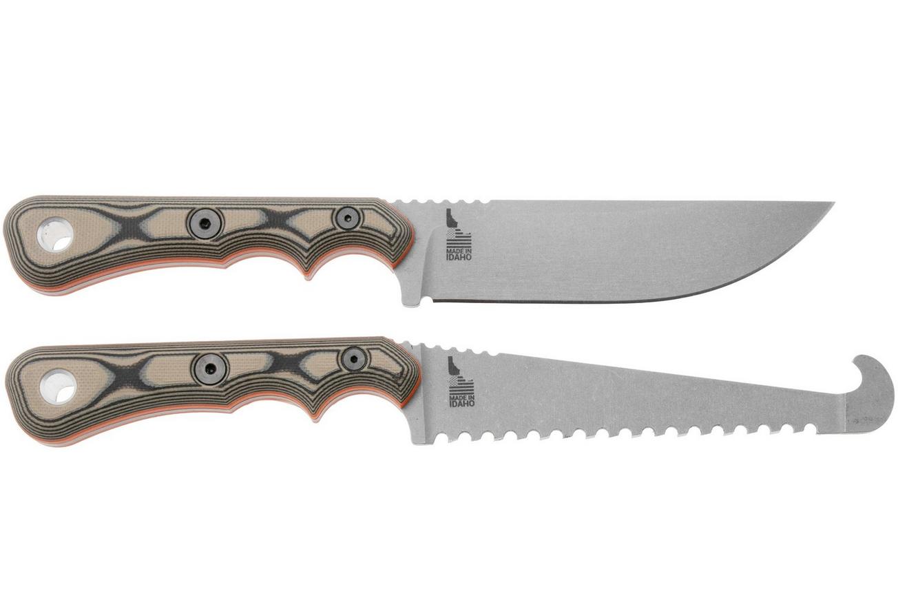 TOPS Knives Muley Combo MCMB-01, 154CM Tumble Finish, Tan Black G10, Leather Sheath, jacht set, Leo Espinoza design