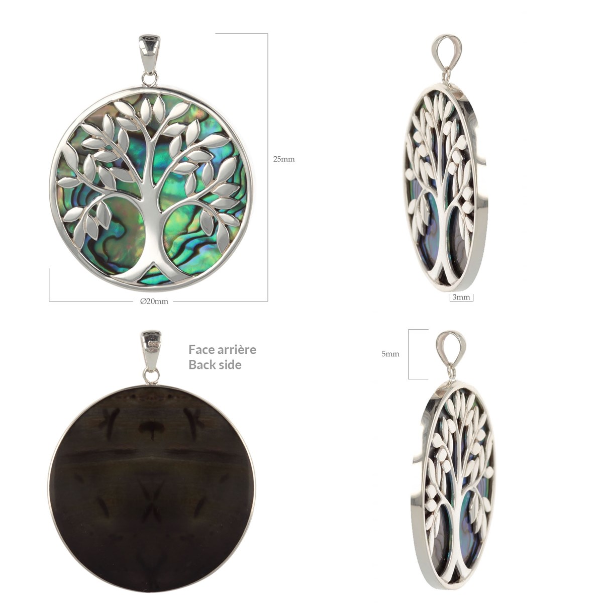 Pendentif Nacre Abalone et Arbre de Vie en Argent Massif Rhodié 925 - Aden Bijoux