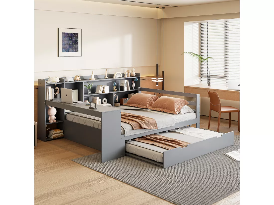 Lit gigogne 140 x 200 cm + 90 x 190 cm - avec bureau, compartiments et prises USB - Pin + contreplaqué + MDF - Gris
