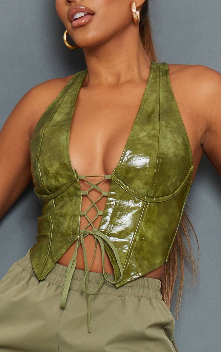 Vert Olive Top Col Licou Plongeant À Laçage En Synthétiquecuir Effet Lavé