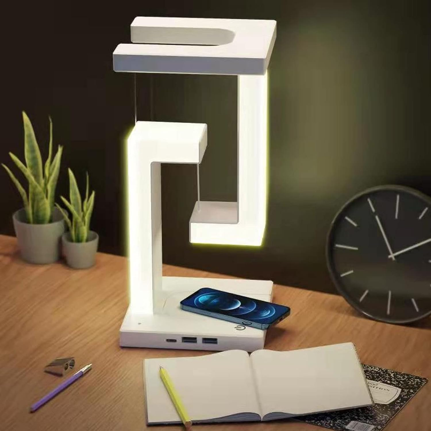 2in1 Moderne LED Schreibtisch Lampe Qi Wireless USB Charger Ladegerät Tischleuchte für Smartphones / Airpods - Weiss