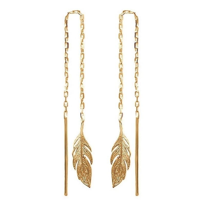 Boucles d'oreilles traversantes chaînes avec plume tombante Plaqué or 750 3 microns