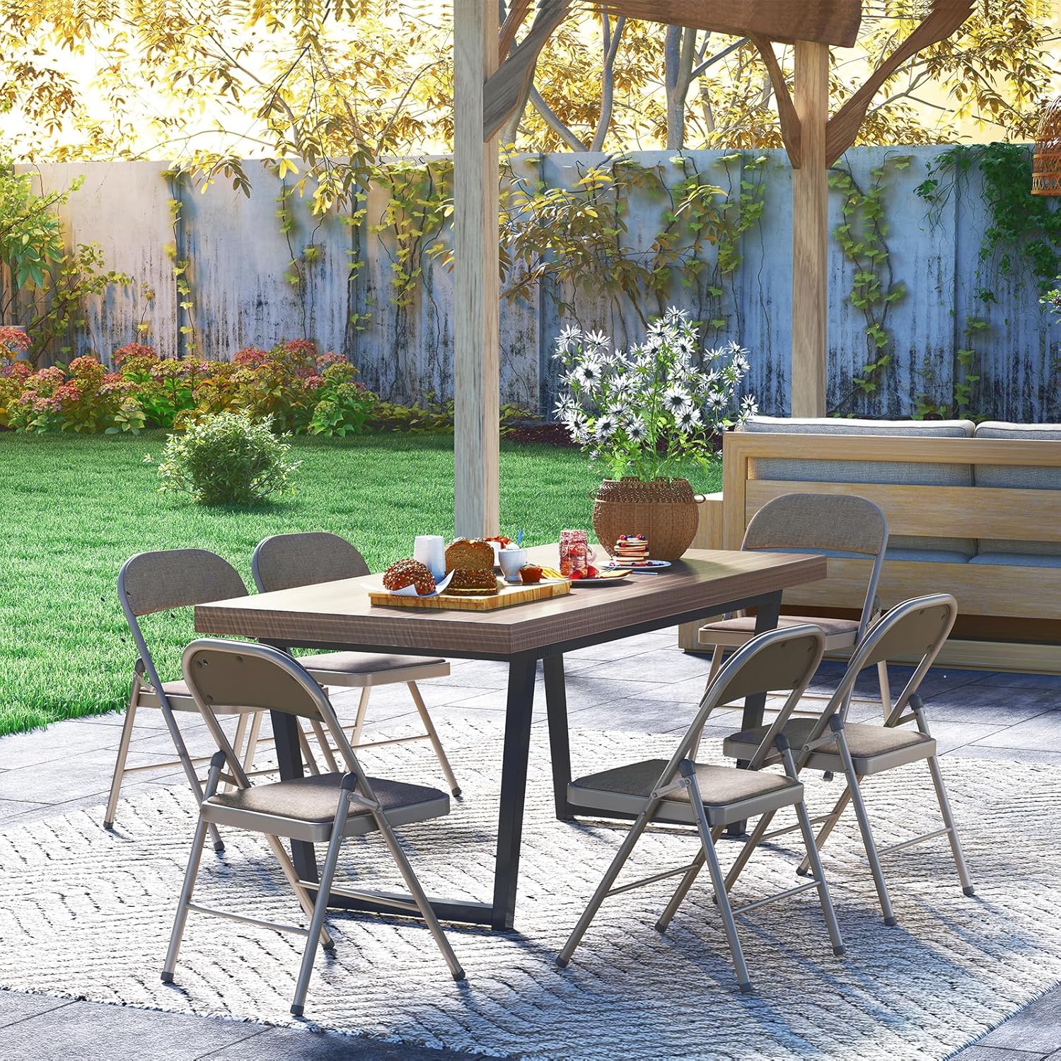 Gartenstühle Stapelbar 4er set Balkonstuhl Campingstuhl Klappbar Stapelstuhl Klappstuhl Outdoor Stühle für Gärten Innenhöfe Balkon Restaurants, Metall Gartenstuhl bis 150 kg Belastbar mit Stoff-Kissen