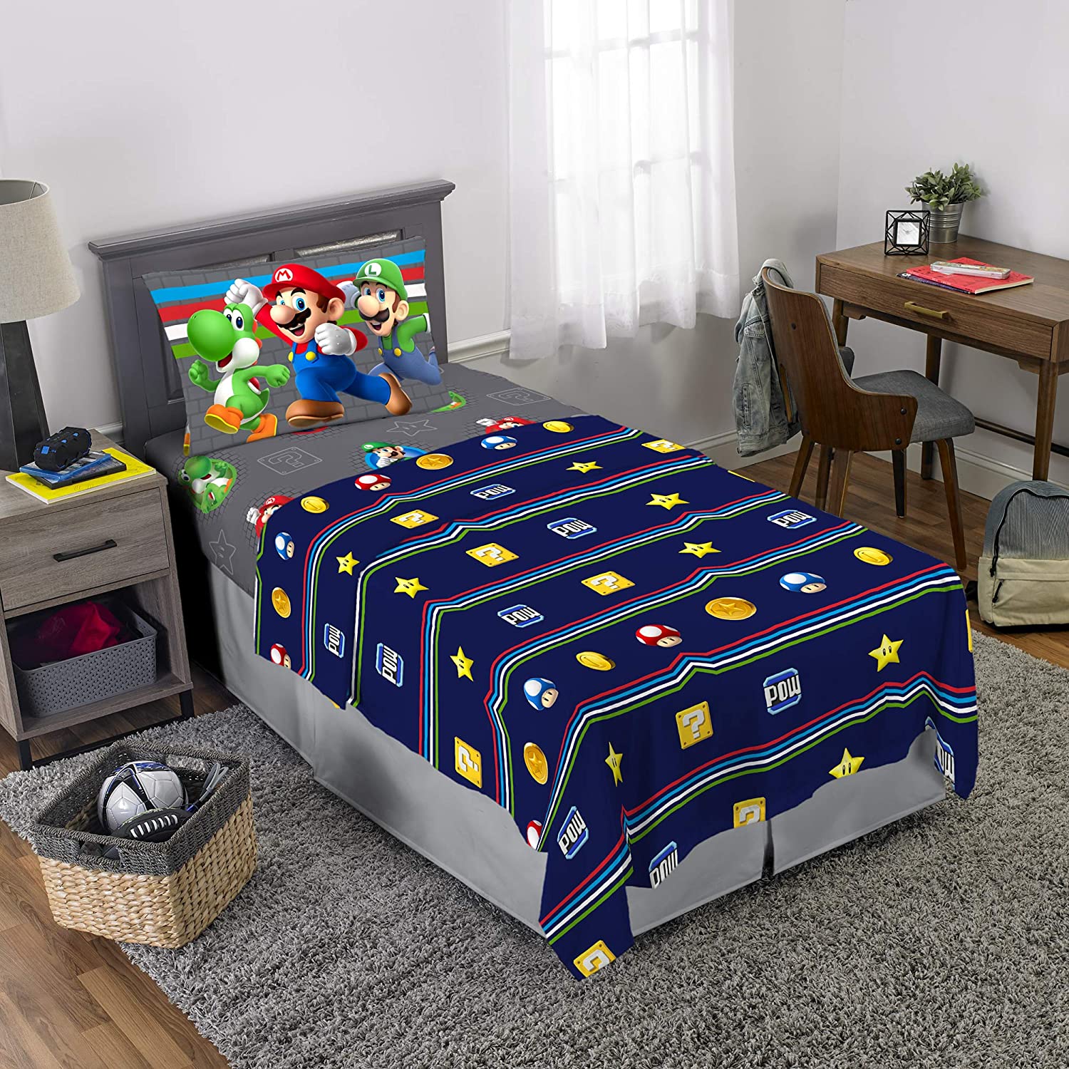 Twin Super Mario 3-Piece Bed Sheet Set.1 Flat Sheet 1 Fitted Sheet 1 Pillow Cases