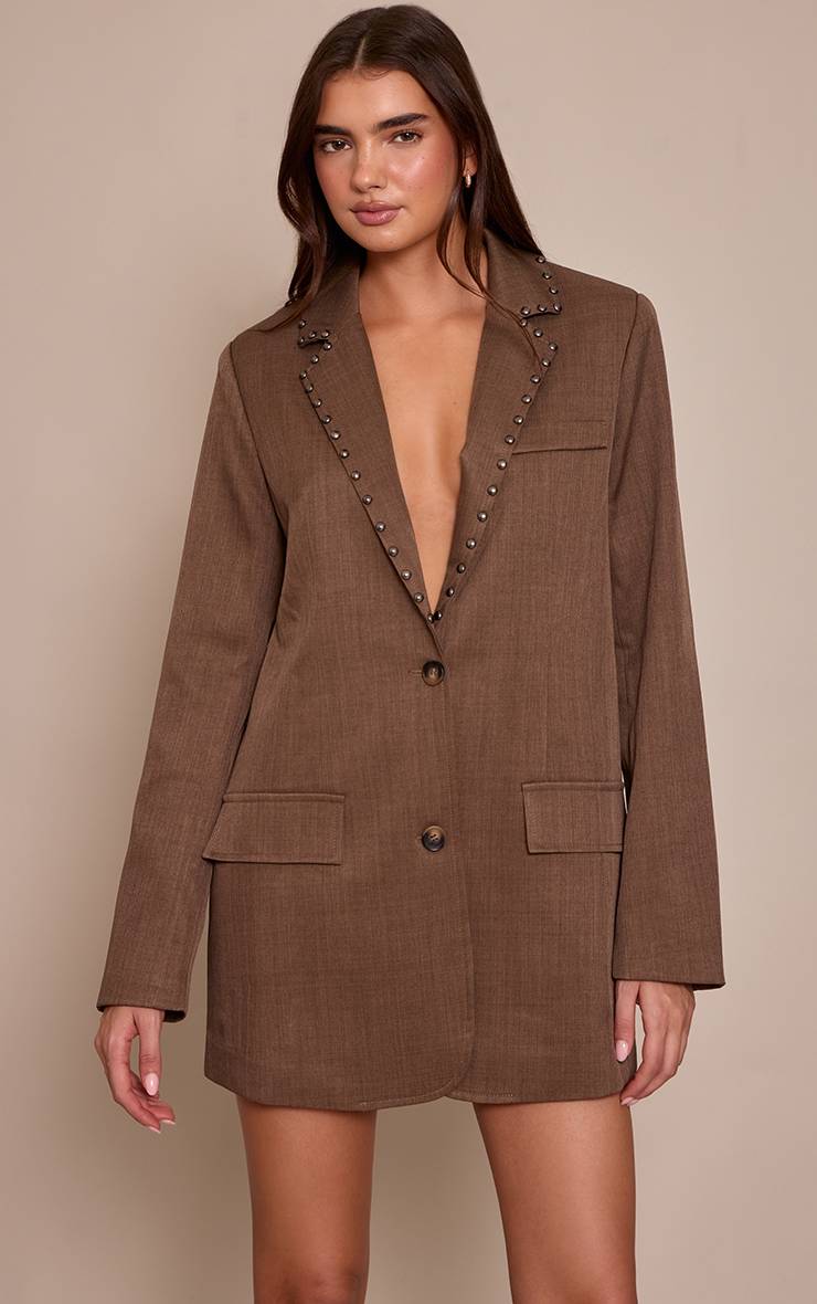Marron Robe Blazer Oversize Ajustée En Tissu Tissé À Clous