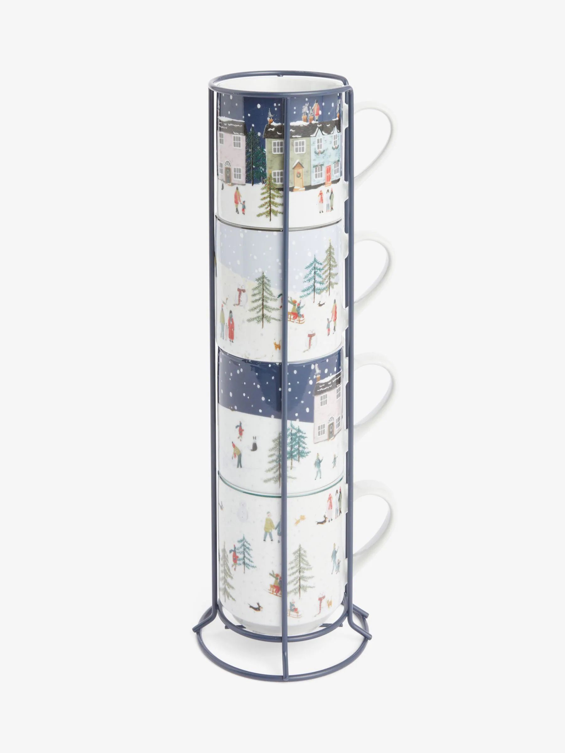 Set van 4 stapelmokken met winterprint en draadstandaard