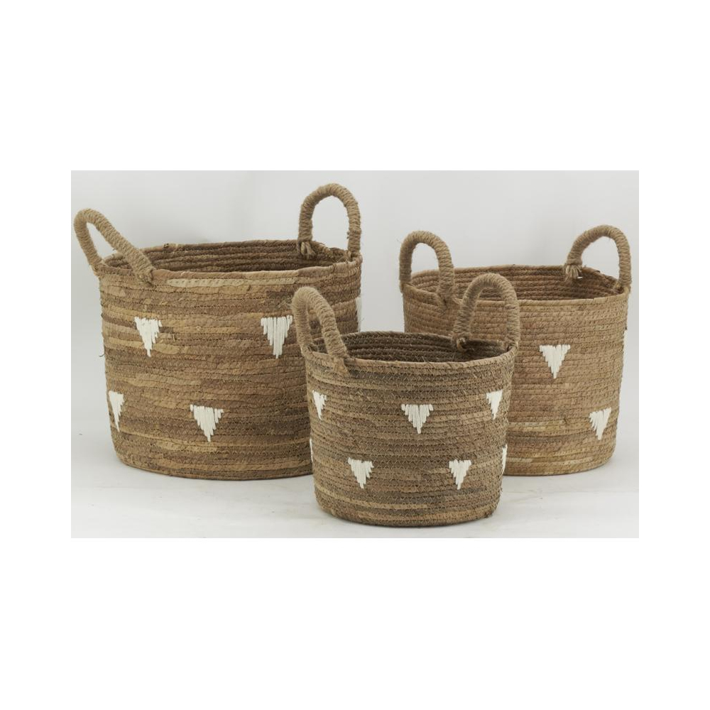 Cache-pots en abaca naturel et triangles blancs (lot de 3)