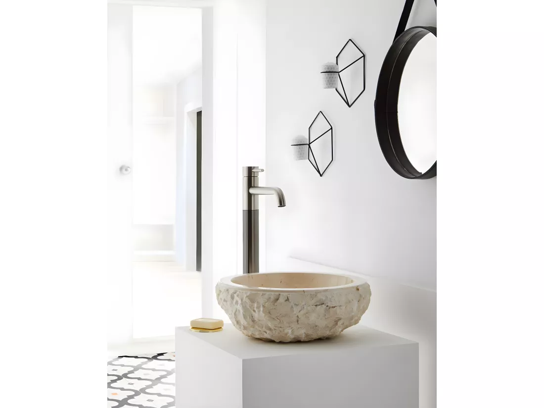 Vasque à poser / lavabo en marbre coloris beige - Diamètre 40 x Hauteur 15 cm