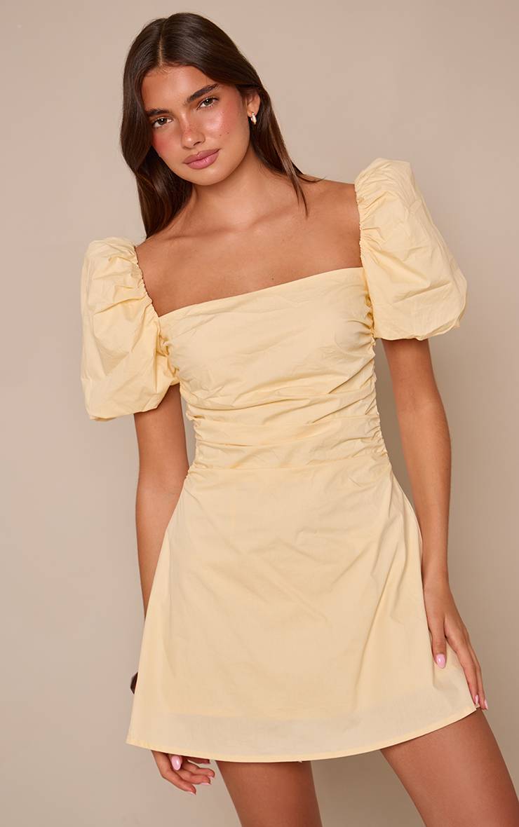 Citron Robe Courte Tissée Encolure Droite Manches Bouffantes