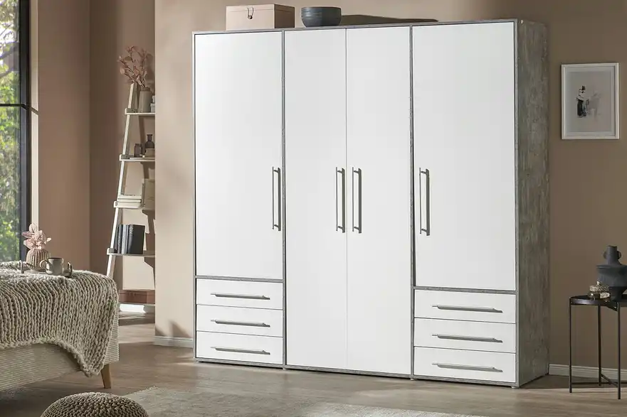 Kleiderschrank Mokkaro Betonoptik, Weiß 206 cm