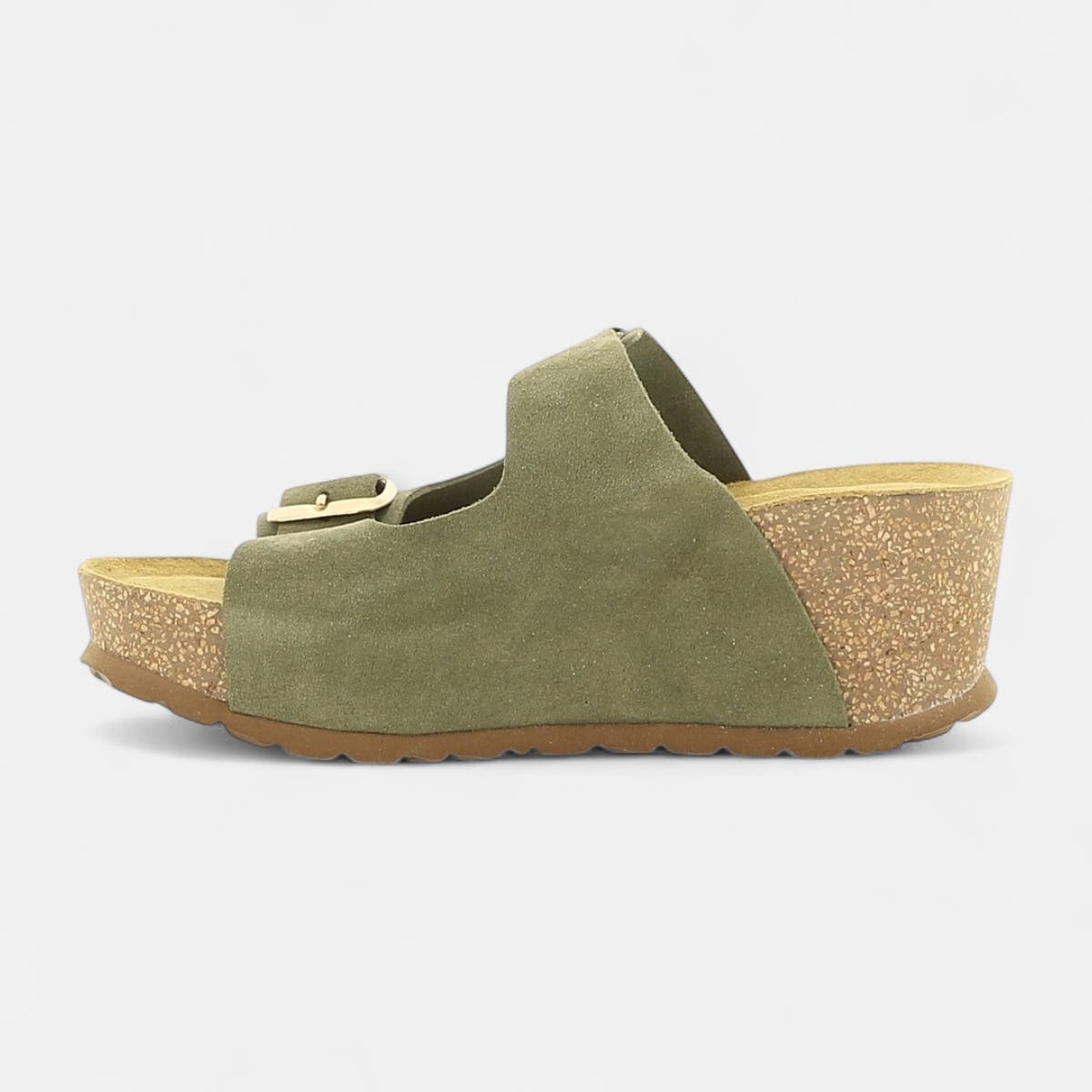Mules semelle liège à talon compensé Femme en cuir kaki