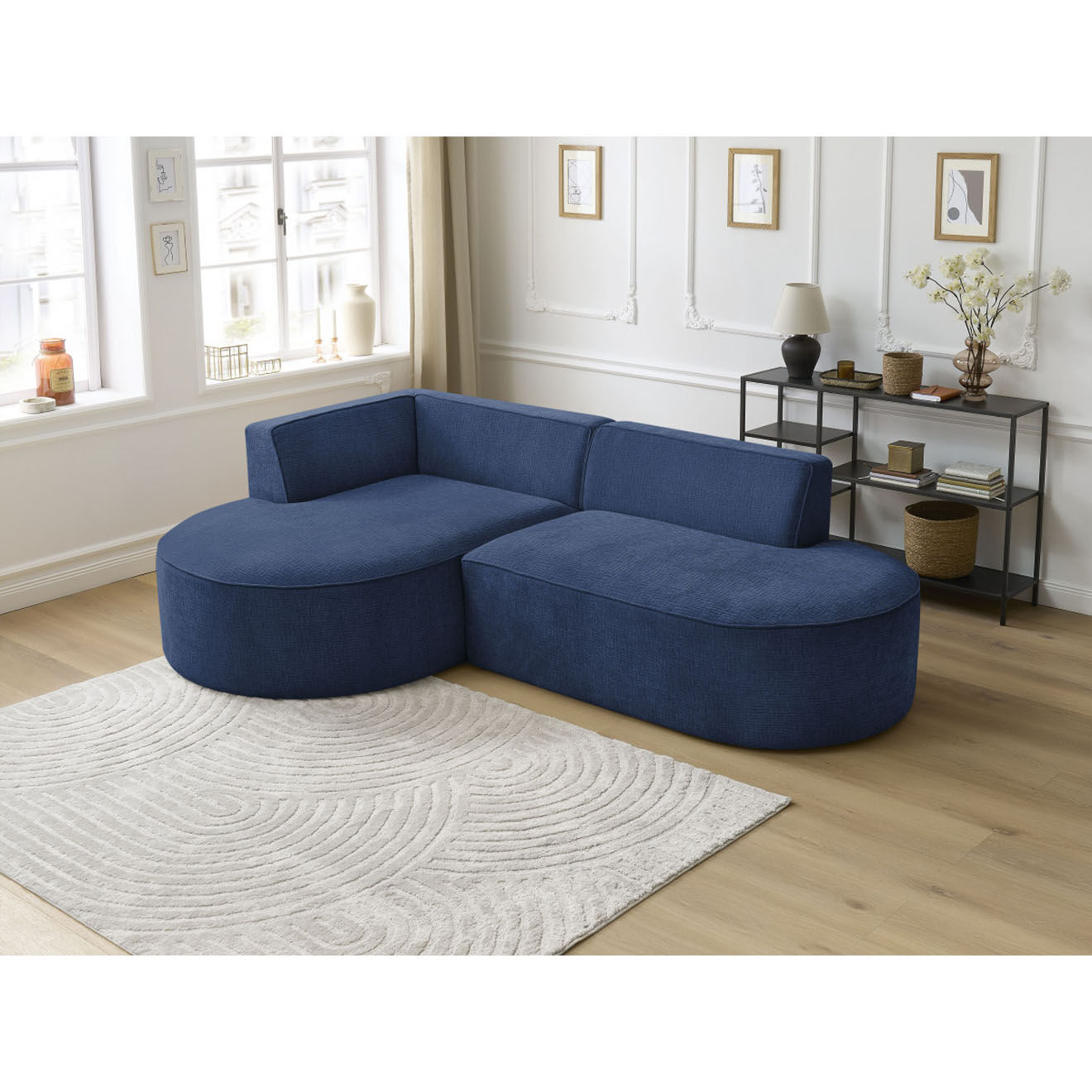Bobochic Canapé d'angle gauche fixe 4 places Rousseau texturé bleu foncé - 250x160x72 cm