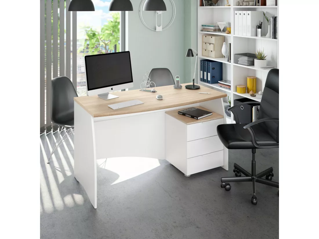 Davell Desk, Bureau, Table d'étude PC avec 3 tiroirs, 136x67h74 cm, Blanc et Chêne
