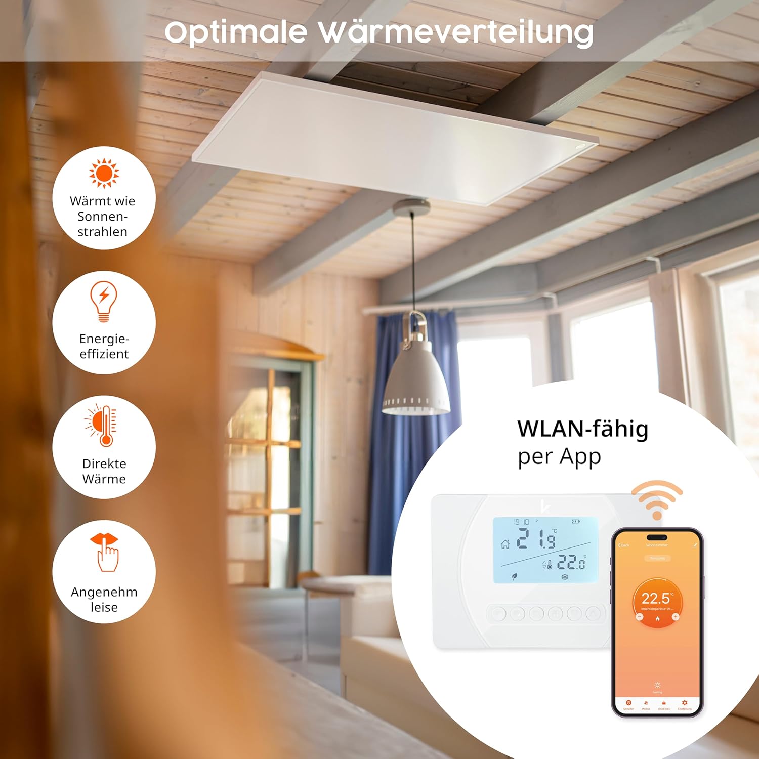 Könighaus Infrarotheizung - 1200 Watt - Deckenmontage - steuerbar per App und Raumthermostat ✓ Infrarot Smart Deckenheizung ✓ 5 Jahre Garantie ✓ Multiroom Szenarien ✓ Doppelter Überhitzungsschutz