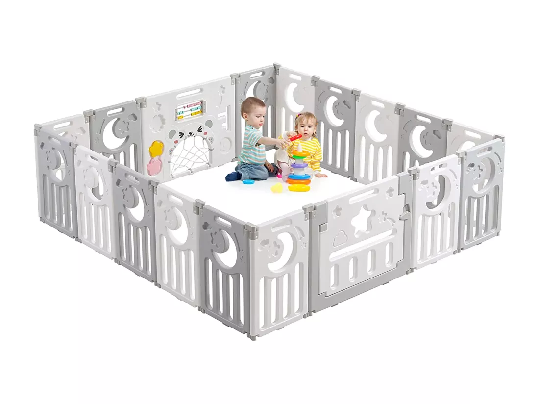 Parc Bebe Dripex - en Plastique Ecologique Gris - 16+2 Panneaux - avec Porte - 190 x 190 x 61 cm