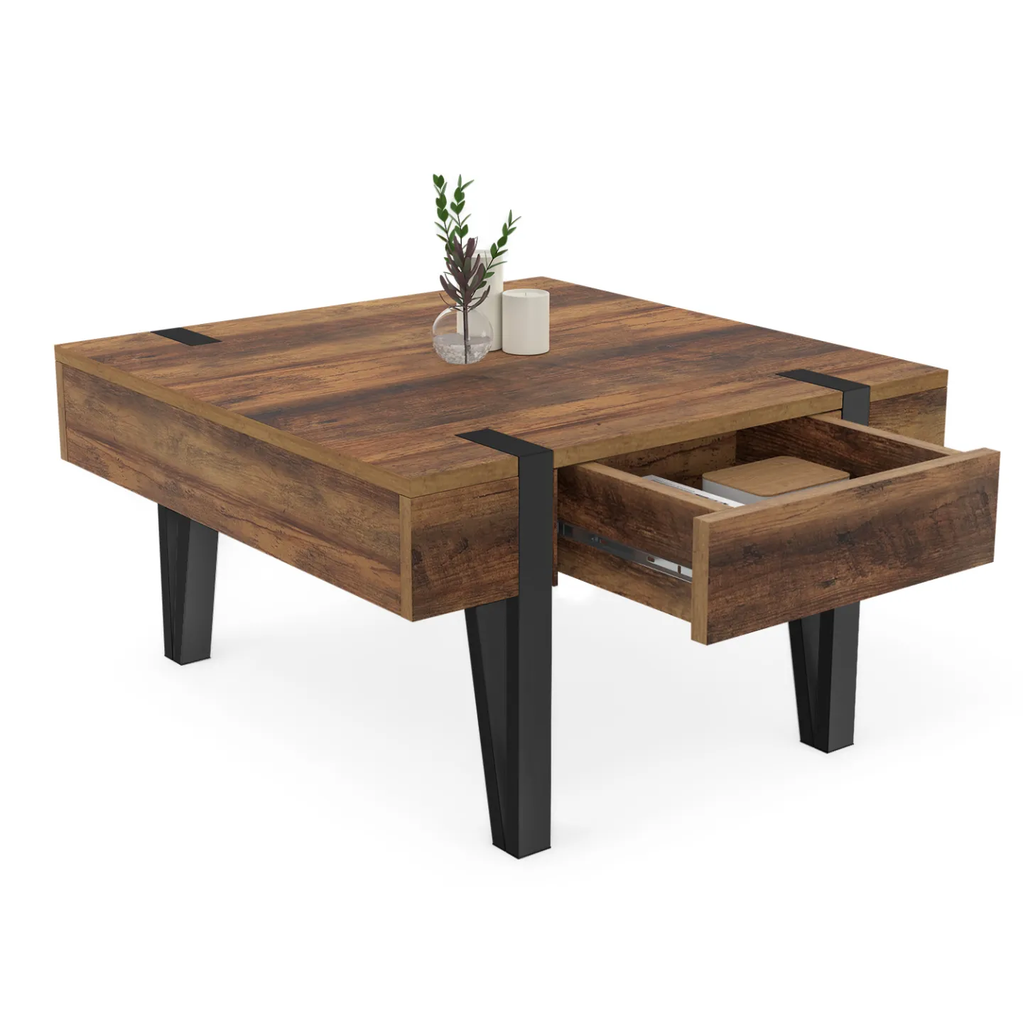 Table basse carrée AUSTRIA 1 tiroir bois pied épingle