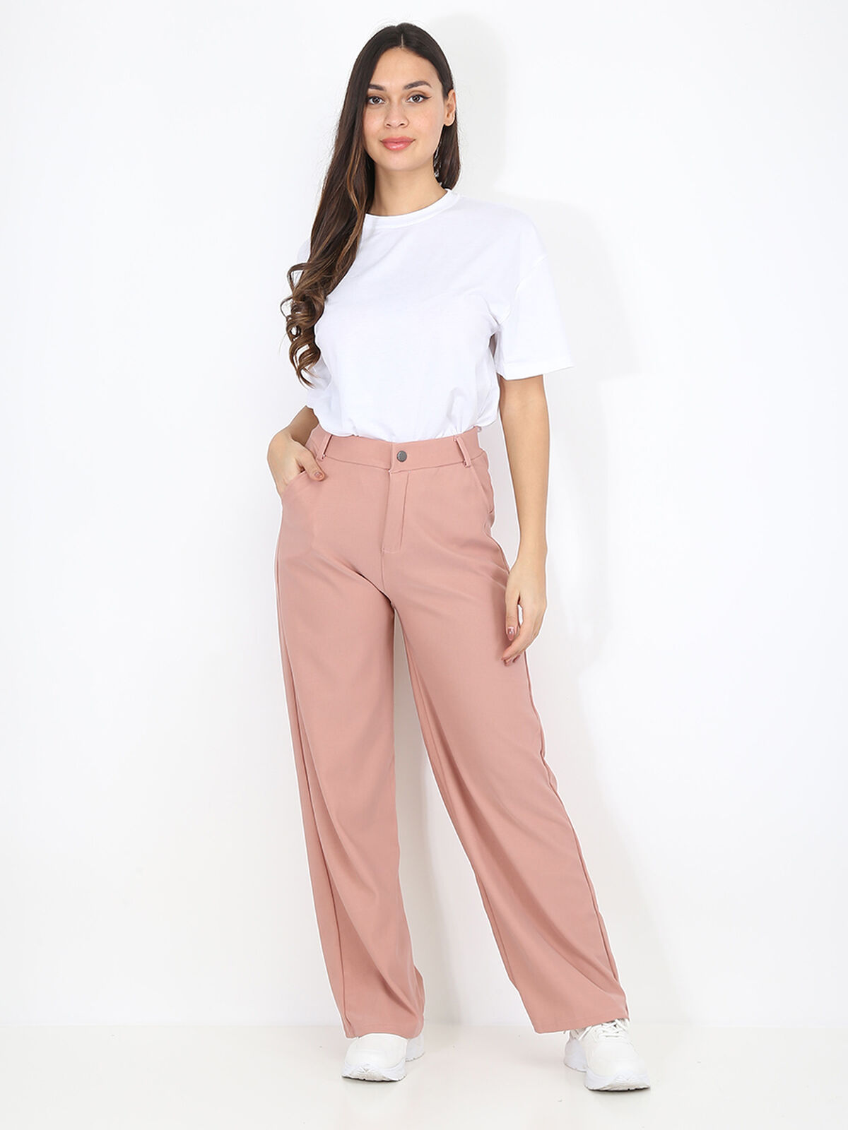 Pantalon taille haute évasé- Vieux rose