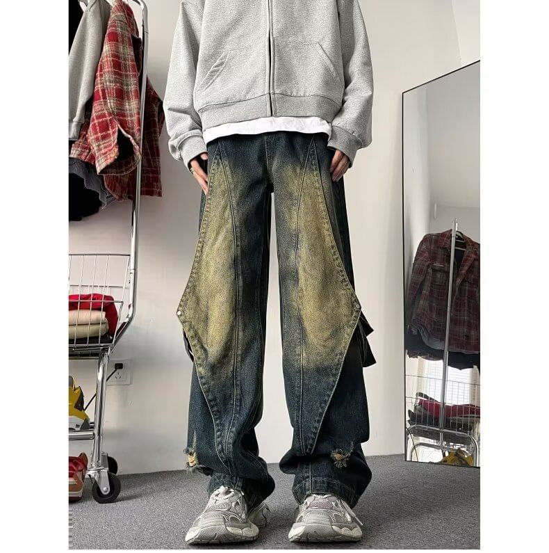 Kenning - Mid Rise Distressed Strappy Wide Leg Jeans