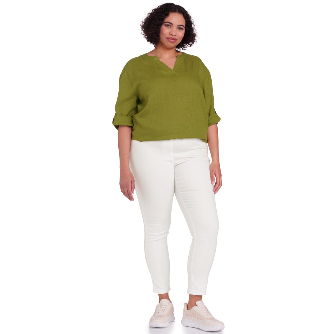 Gina Benotti Damen Leinen-Longbluse mit V-Ausschnitt grün